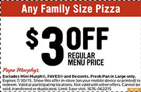 $3 off any Family Size Pizza at Papa Murphy&#39;s | Los Angeles Coupons | Daily Draws, Coupons ...
